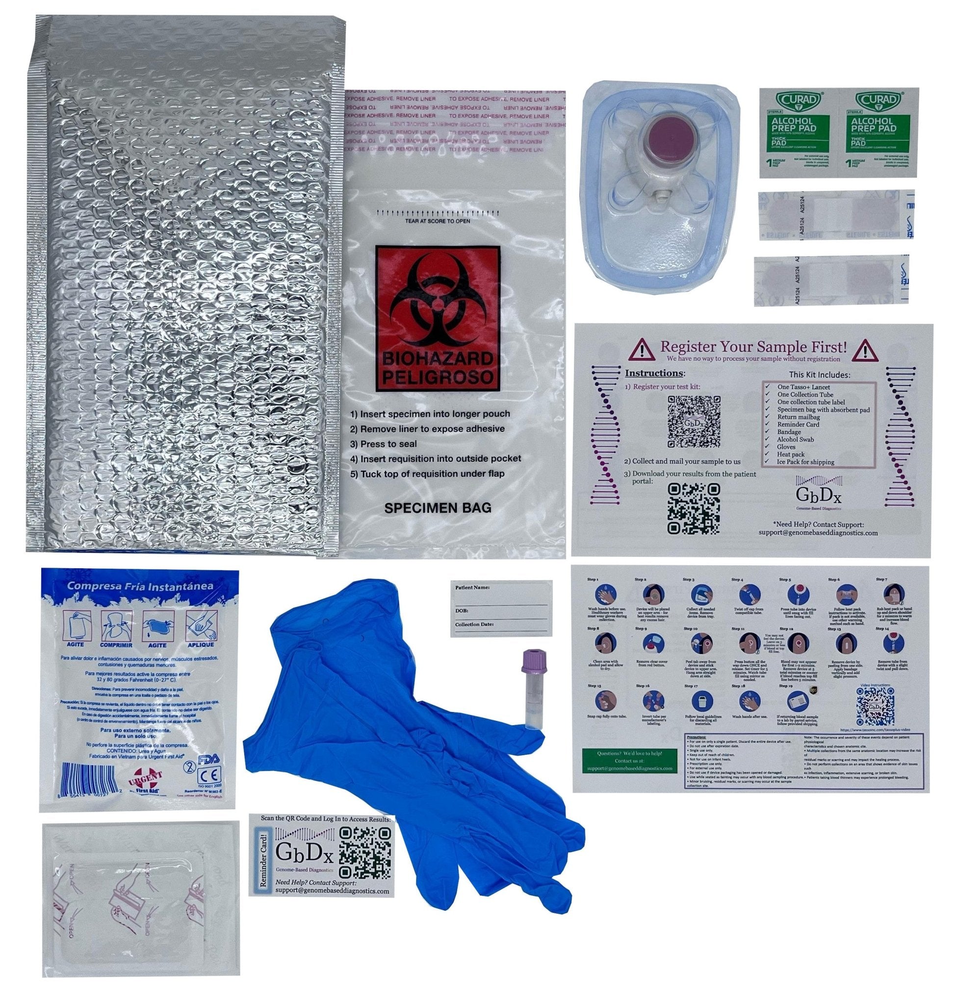 At home capillary blood collection kit contents